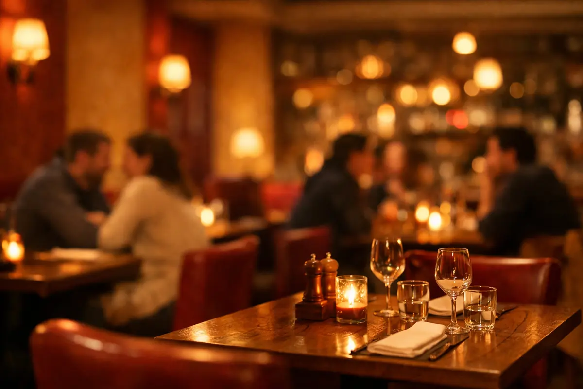 Intérieur d'un restaurant avec lumière douce, tables en bois, ambiance conviviale et animée.