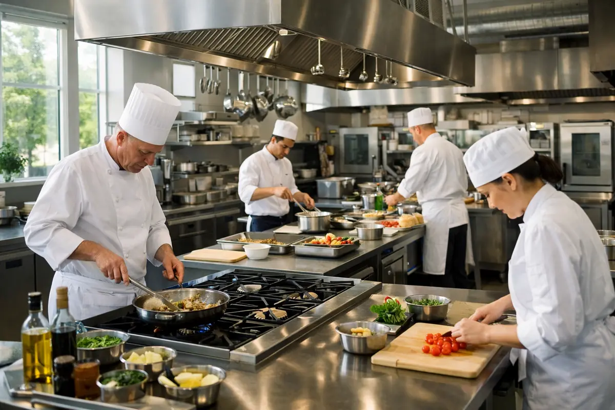 Intérieur d'une cuisine professionnelle moderne avec équipements en inox, personnel en tenue de travail.