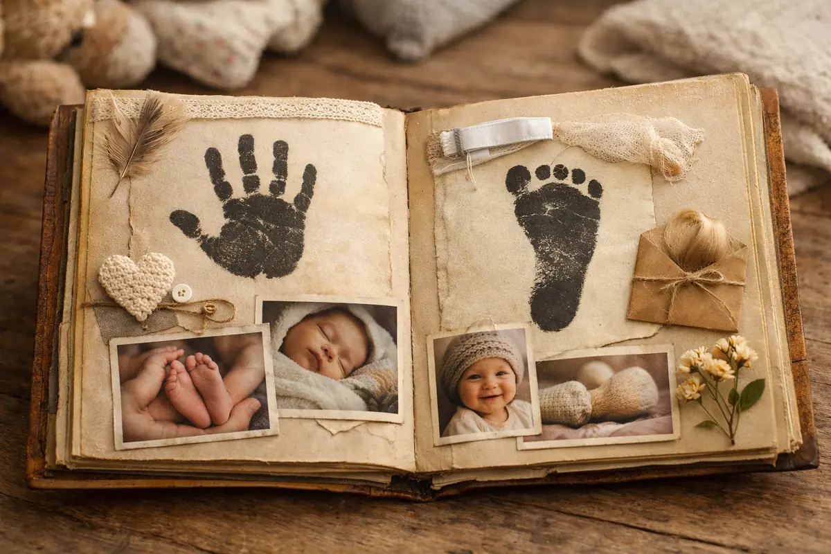 Livre de naissance artisanal ouvert, rempli d'empreintes de mains, de photos et de souvenirs précieux.