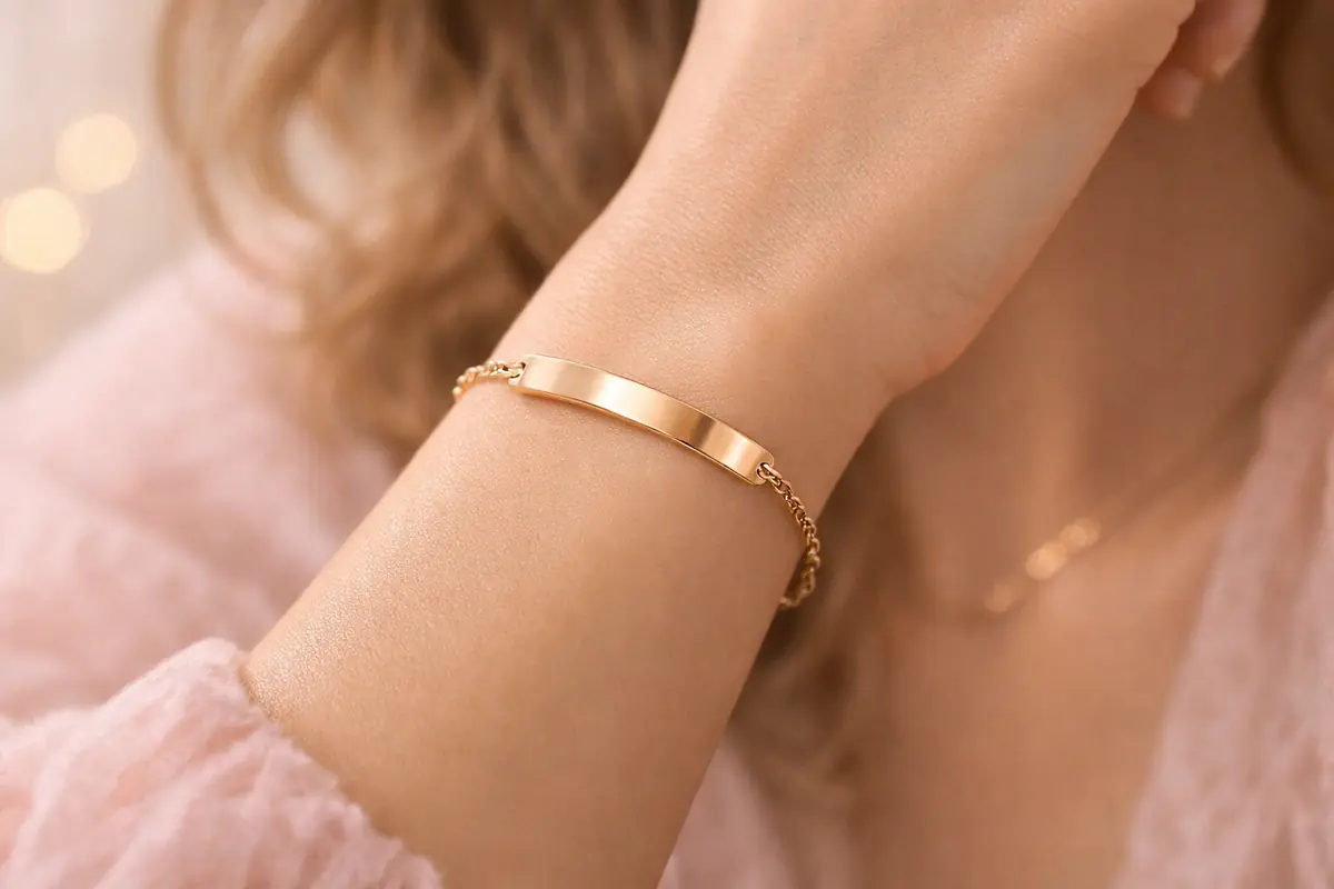 cadeau-fete-des-meres-bracelet-personnalise Main féminine portant un bracelet gravé avec un prénom, fond doux et lumineux, détails délicats du bijou mis en valeur.