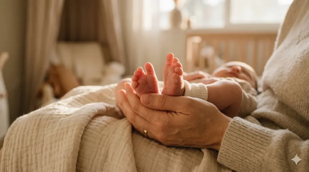 Gros plan sur les mains d'un parent massant doucement les pieds d'un nouveau-né dans une ambiance tamisée.