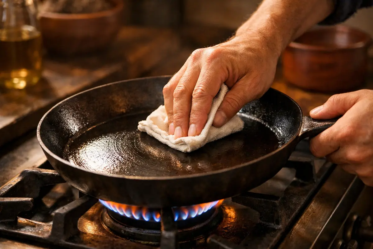 Miniature de vidéo tutorielle montrant les étapes de culottage d'une poêle en fonte ou en acier au carbone.