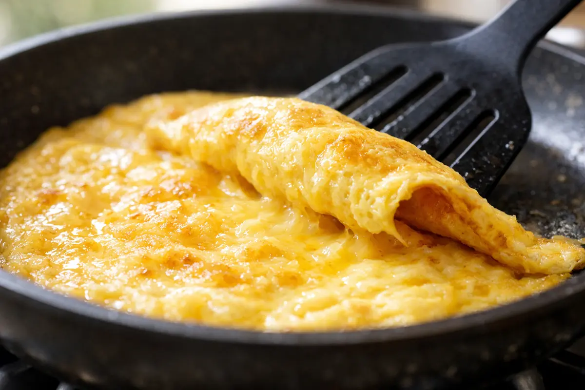 Omelette baveuse au centre, cuite à la perfection, montrant la texture idéale.
