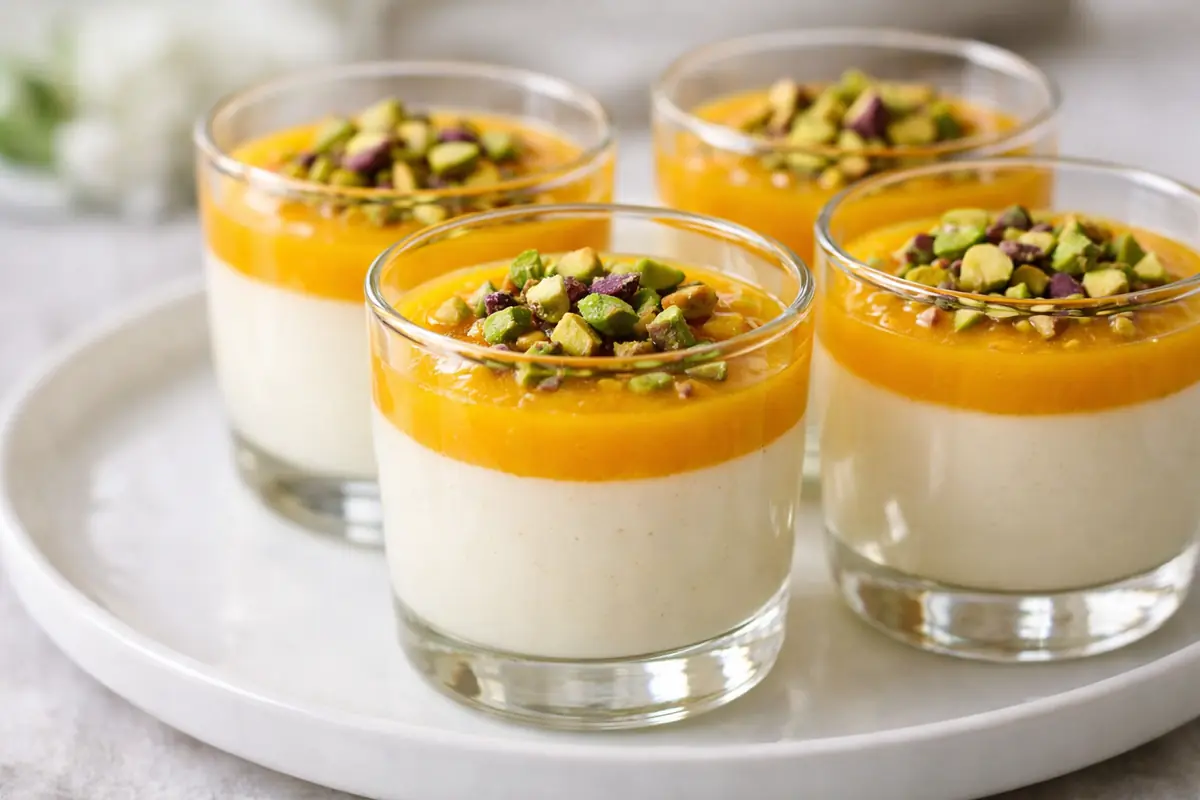 Panna cotta crémeuse nappée de coulis de mangue et parsemée d'éclats de pistaches, servie dans des verrines transparentes sur un plateau blanc.