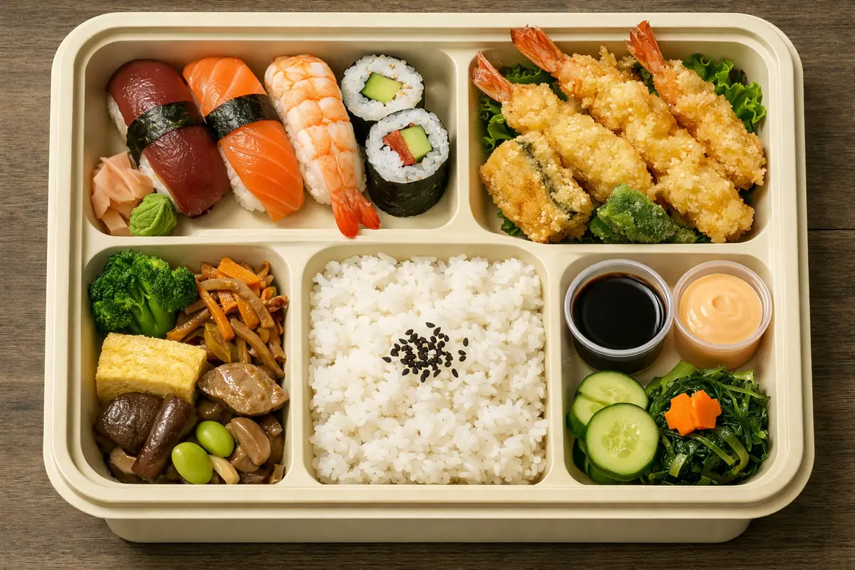 Photo d'un bento japonais à emporter, avec des compartiments séparés pour le riz, les garnitures et les sauces.
