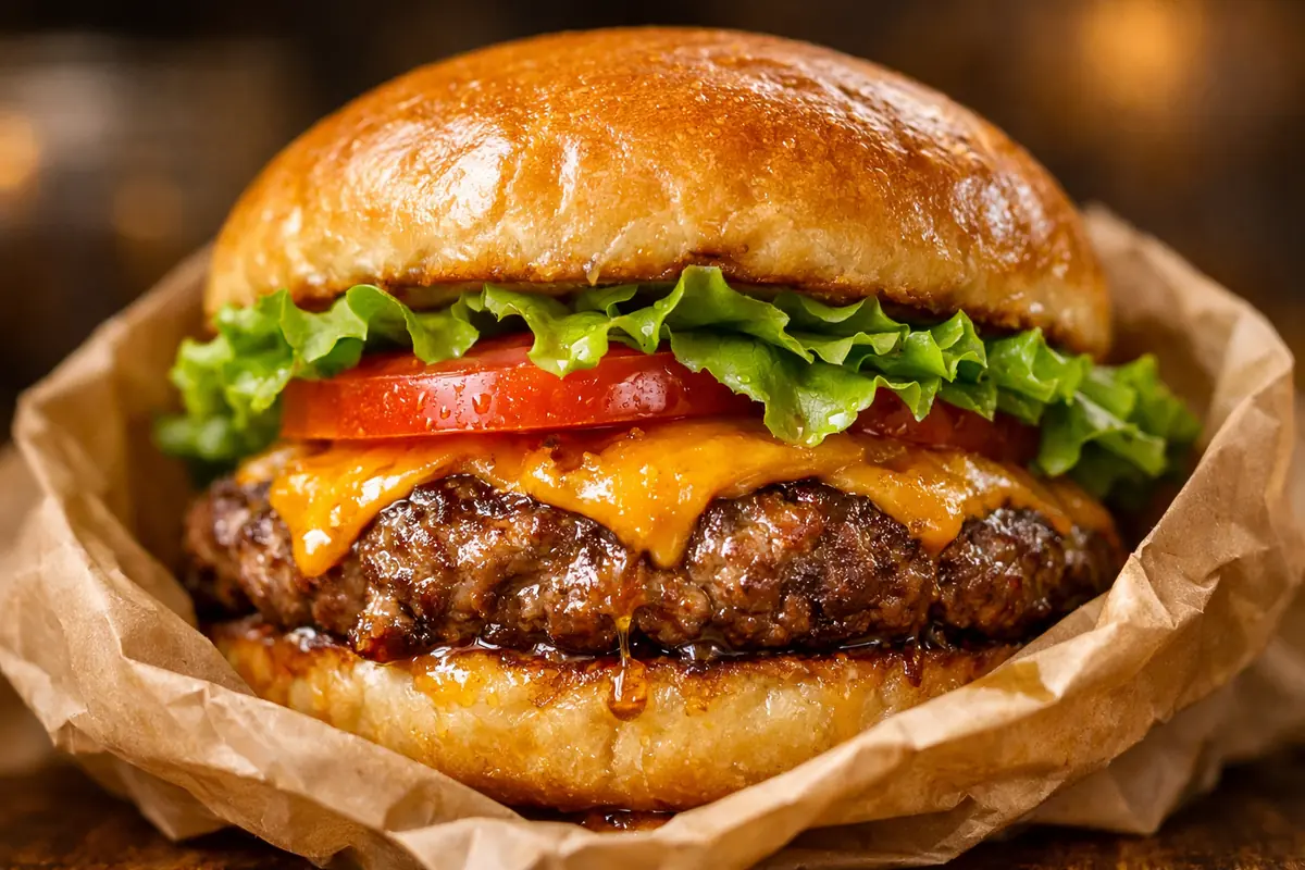 Photo d'un burger artisanal à emporter, avec un pain brioché doré et une viande hachée du jour appétissante.