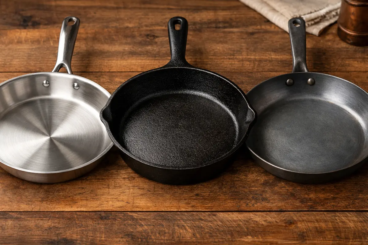 Photo présentant une poêle en inox, une poêle en fonte et une poêle en acier au carbone, illustrant leurs différences et avantages.