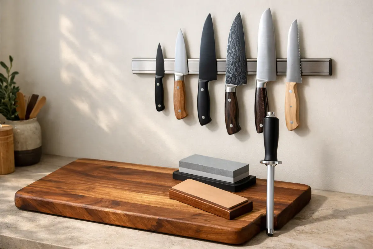 Planche à découper en bois d'acacia, fusil à aiguiser en acier et barre aimantée murale présentant des couteaux, outils essentiels pour l'entretien et le rangement des couteaux de cuisine.