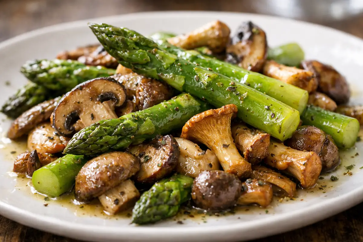 Plat typique du Val-d'Oise avec asperges et champignons locaux, présentation simple et généreuse, mettant en valeur les produits du terroir.