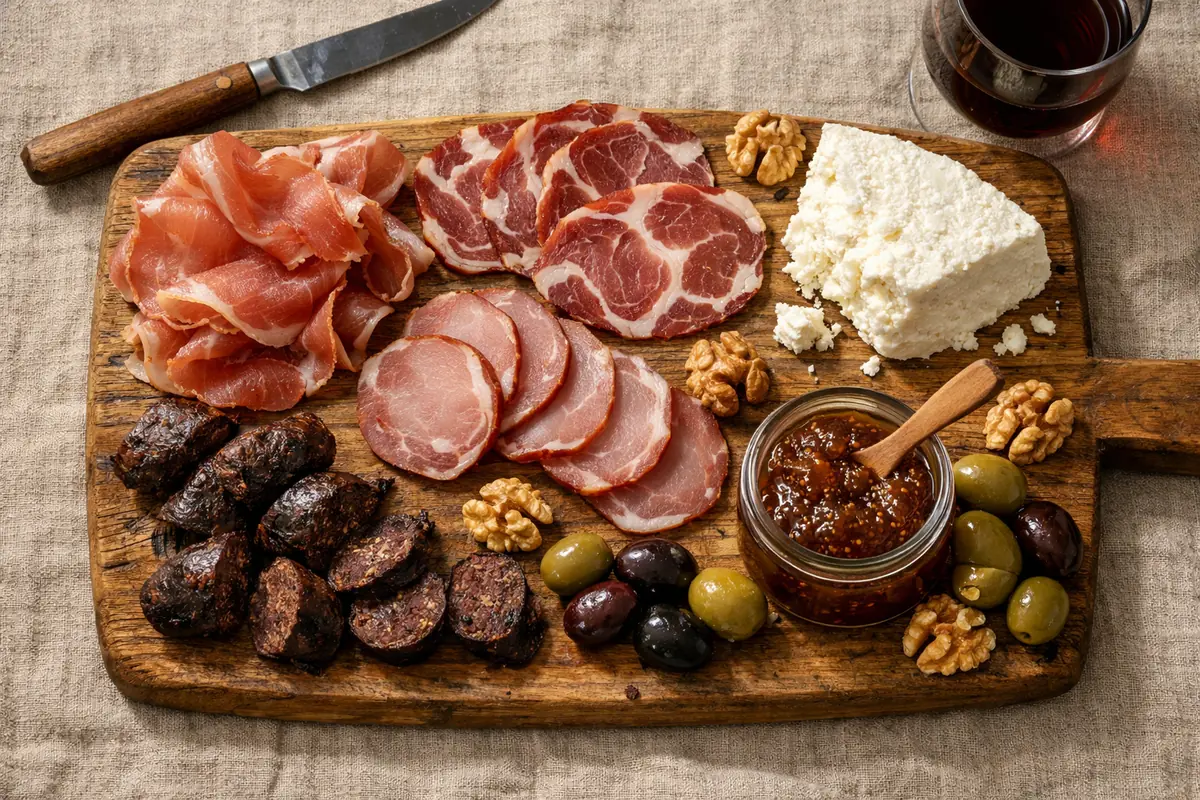 Plateau de dégustation de charcuterie et fromages corses : prisuttu, coppa, lonzu, figatellu et brocciu, présentés sur une planche en bois rustique.