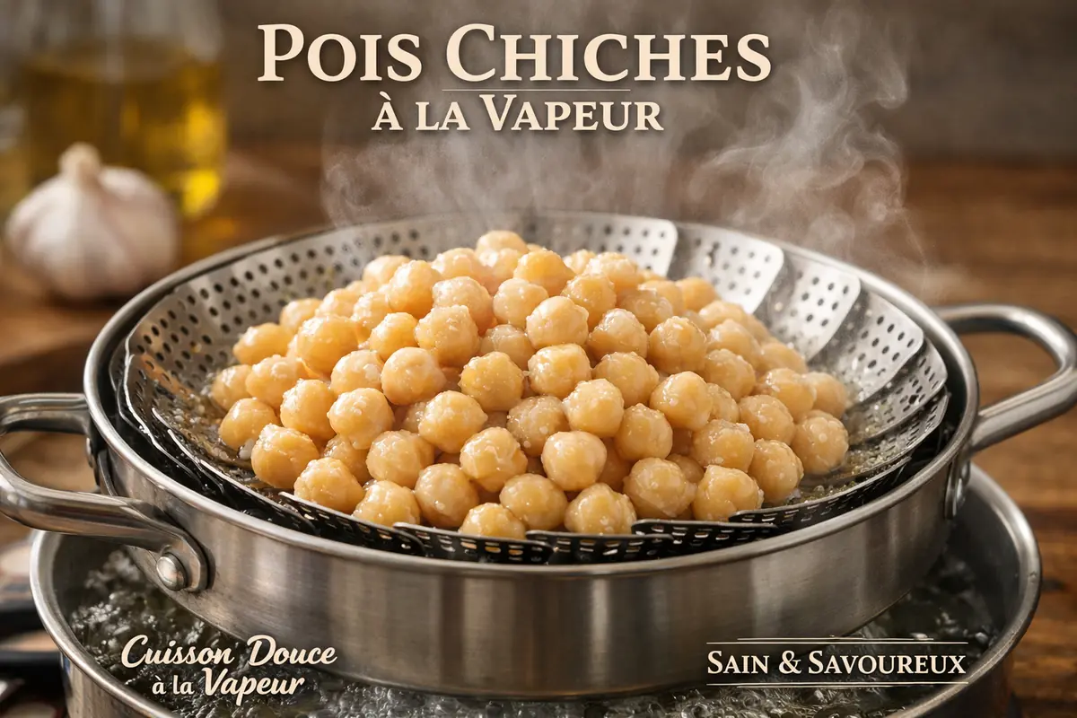 Pois chiches dans un panier vapeur au-dessus d'une casserole d'eau frémissante, cuisson douce pour préserver les nutriments.