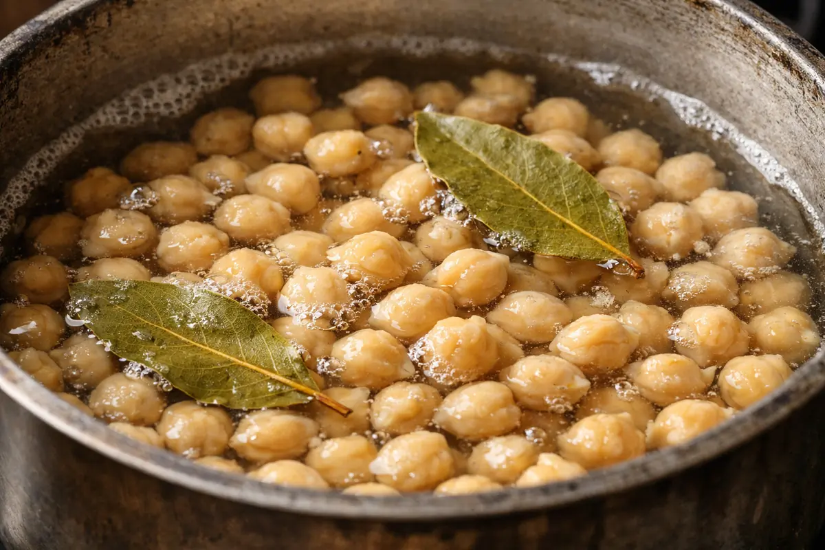 Pois chiches mijotant doucement dans une casserole, bouillon clair, quelques feuilles de laurier visibles.