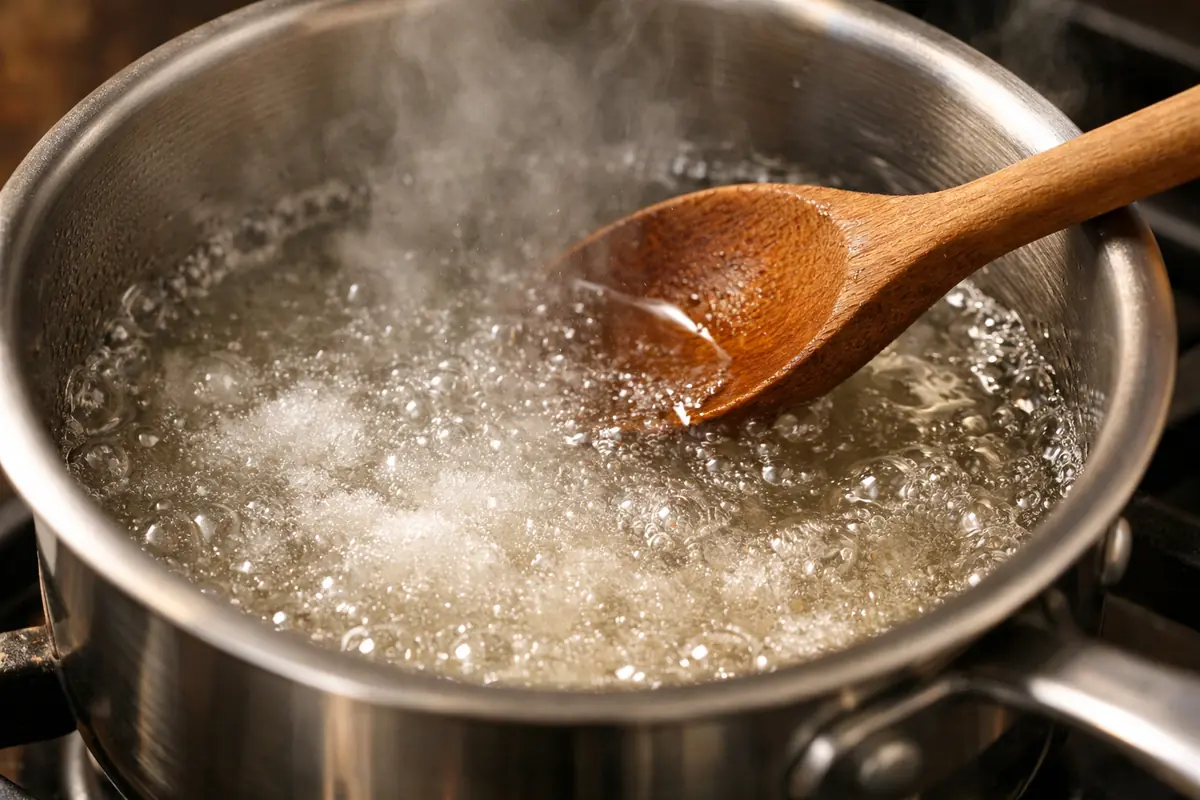 Préparation du sirop pour cerises amarena : sucre cristallisé se dissolvant dans l'eau chaude dans une casserole en inox sur une cuisinière.