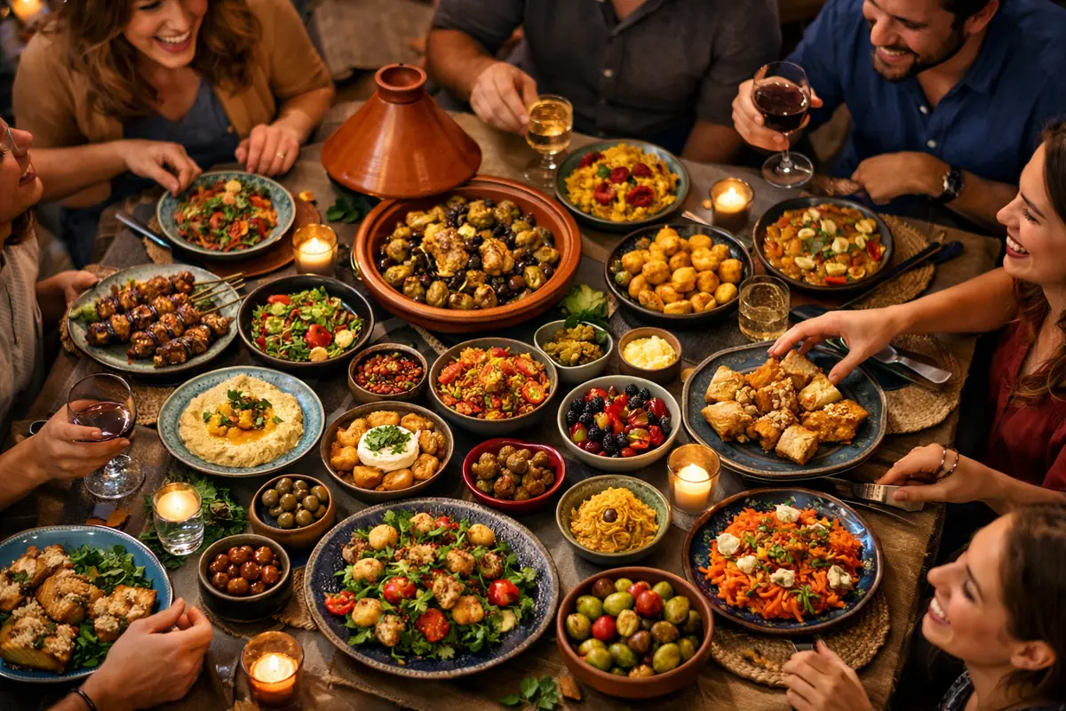 Ambiance chaleureuse et conviviale d'un repas entre amis réussi, avec des plats colorés et appétissants. recette repas entre amis original