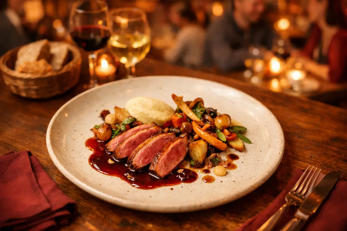 Restaurant Ambiance — Assiette gourmande dans un restaurant à l'ambiance chaleureuse et conviviale.