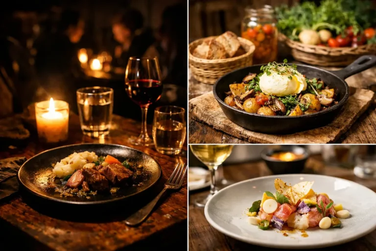 Restaurant Insolite — Assortiment de plats insolites dans des restaurants parisiens, ambiance chaleureuse et découverte culinaire.
