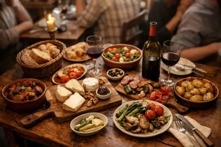 Restaurants Île-de-France — Vue plongeante sur une table de restaurant conviviale en Île-de-France, ambiance chaleureuse et plats savoureux, guide Gustave.