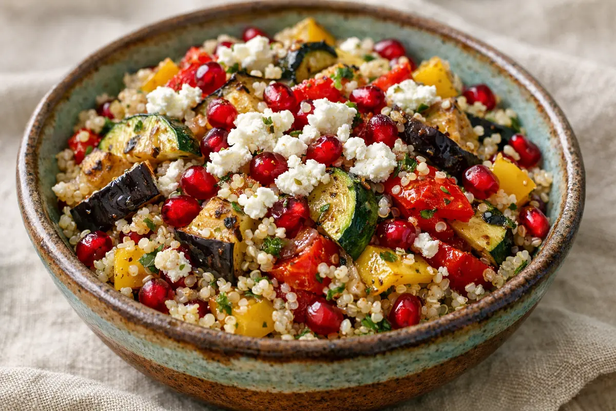 Salade de quinoa colorée avec légumes grillés, feta émiettée et graines de grenade, présentée dans un plat creux en céramique artisanale.