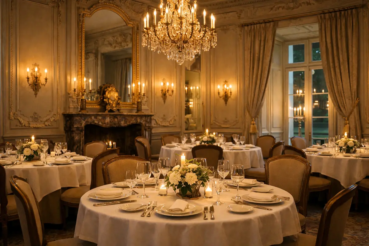 Salle à manger élégante et sobre d'un restaurant situé dans un cadre historique ou un château des Yvelines, ambiance raffinée.