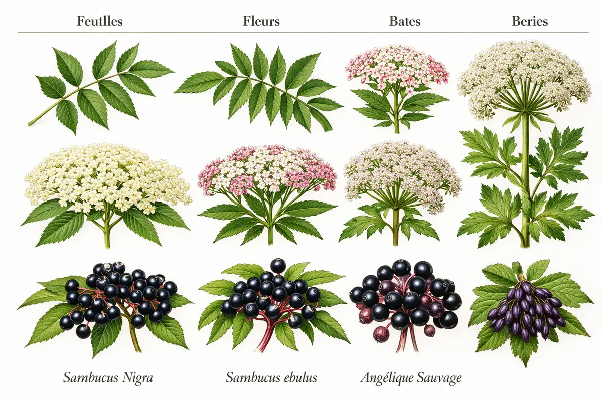 Schéma botanique comparant les feuilles, fleurs et baies du sureau noir, du sureau yèble et de l'angélique sauvage pour une identification précise.