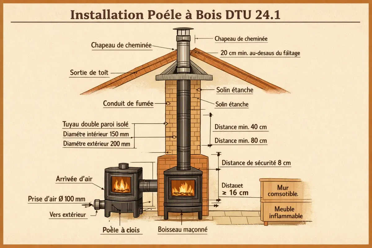Schéma détaillé de l'installation d'un poêle à bois, illustrant les distances de sécurité à respecter selon la norme DTU 24.1.