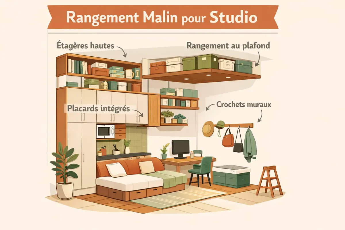 Schéma illustrant l'utilisation de l'espace vertical pour le rangement dans un studio, du sol au plafond, avec étagères et placards.