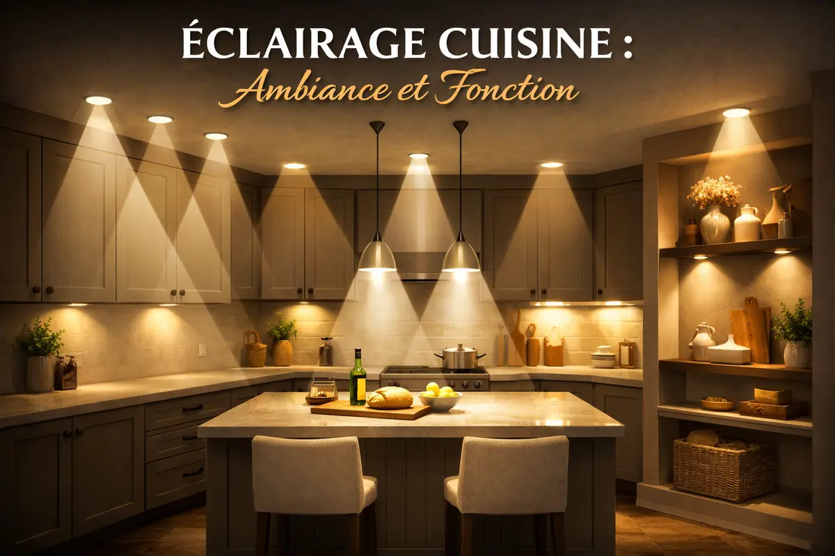 Schéma illustrant les différents types d'éclairage (général, fonctionnel, décoratif) dans une cuisine beige et taupe.