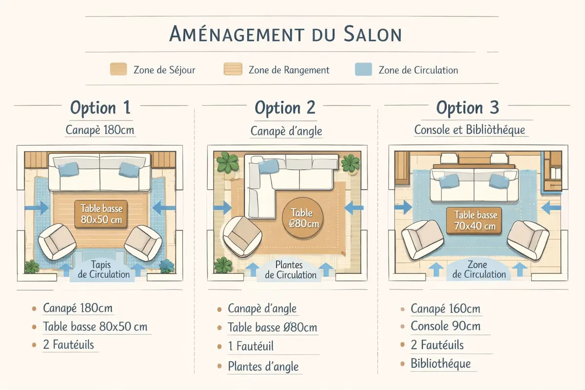 Schéma montrant différentes configurations d'aménagement pour un petit salon, avec la disposition des meubles, les zones de circulation et l'optimisation de l'espace.
