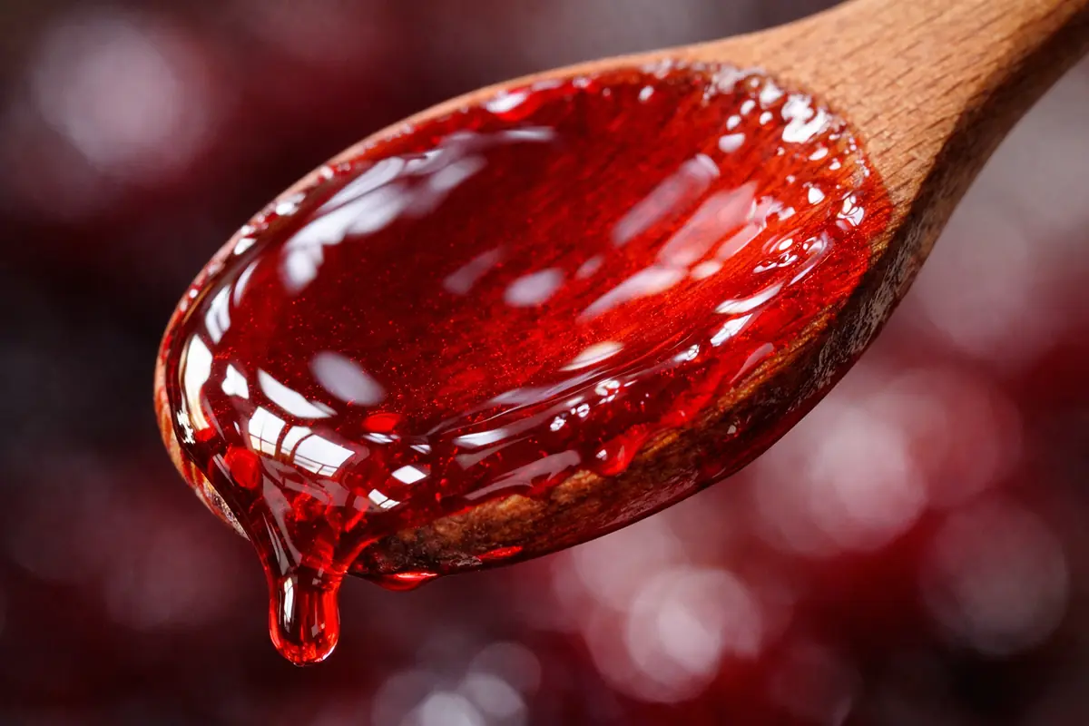 Sirop de cerises amarena nappant le dos d'une cuillère en bois, montrant sa consistance rouge rubis translucide.