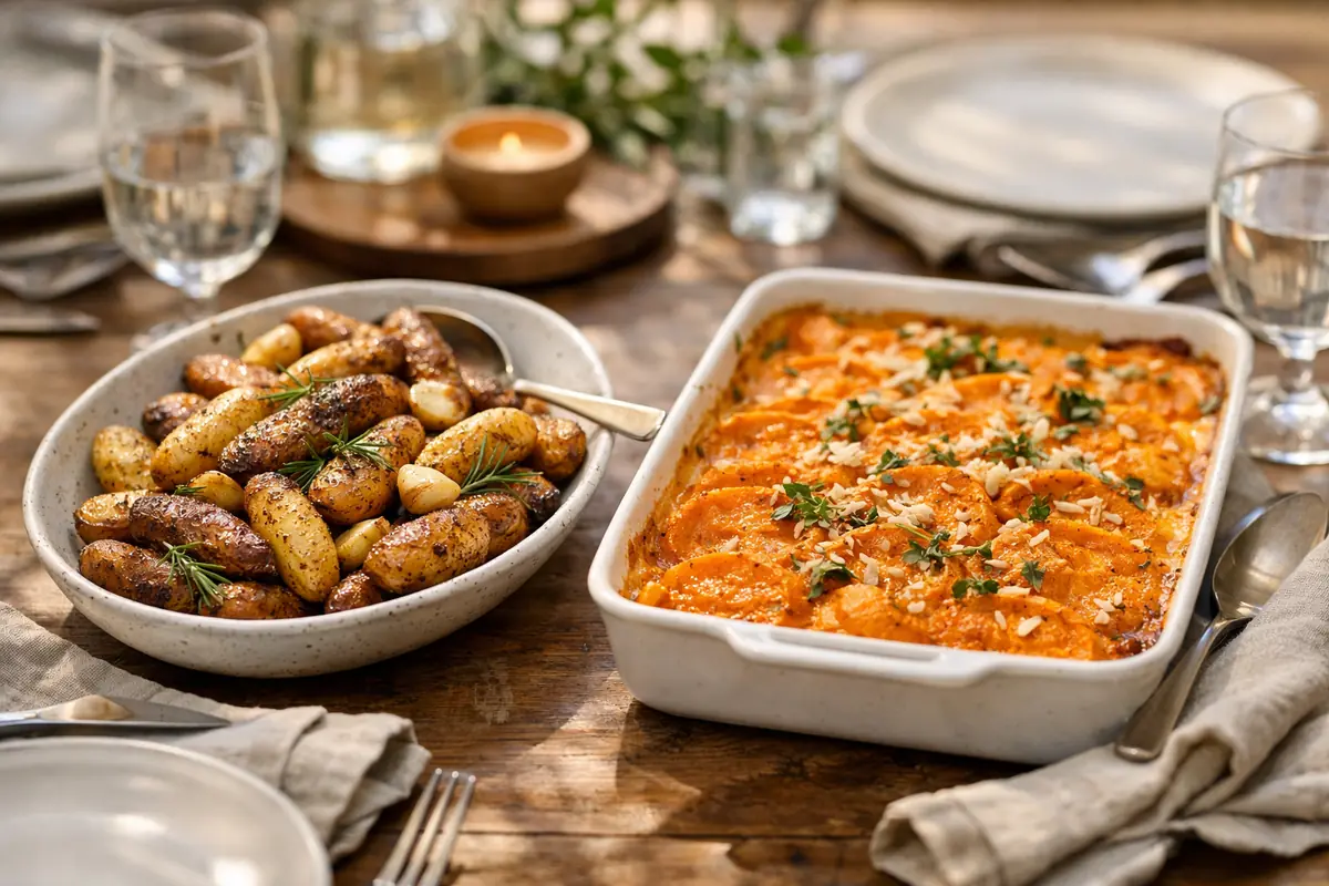 Table dressée avec des pommes de terre grenailles rôties au romarin et un gratin de patate douce au lait de coco, offrant une variété d'accompagnements savoureux.