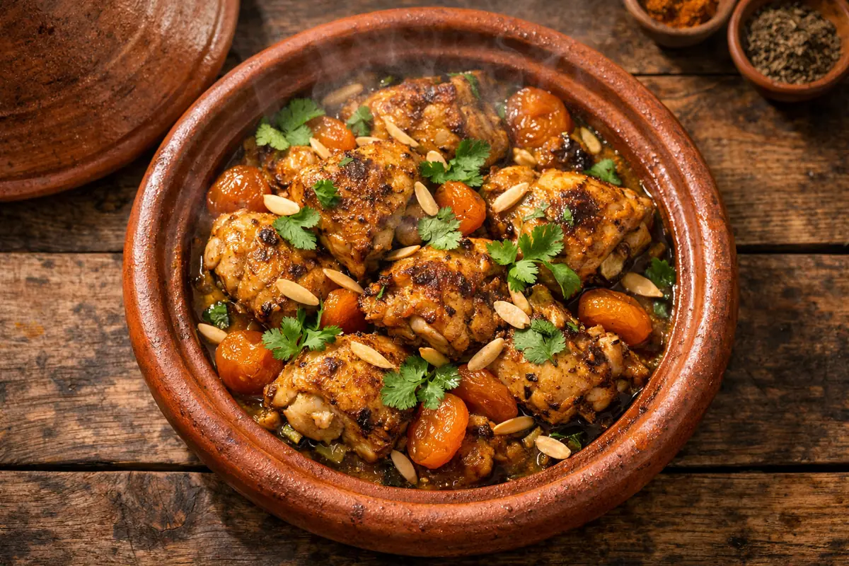 Tajine de poulet aux abricots secs et amandes effilées, présenté dans un plat traditionnel en terre cuite sur une table en bois rustique.