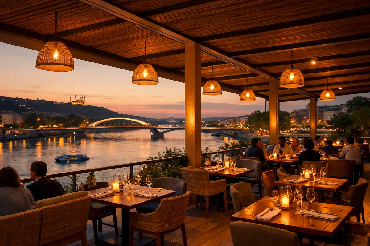 Terrasse couverte de la Brasserie des Confluences à Lyon, vue sur le Rhône et la Saône, éclairage chaleureux en soirée.