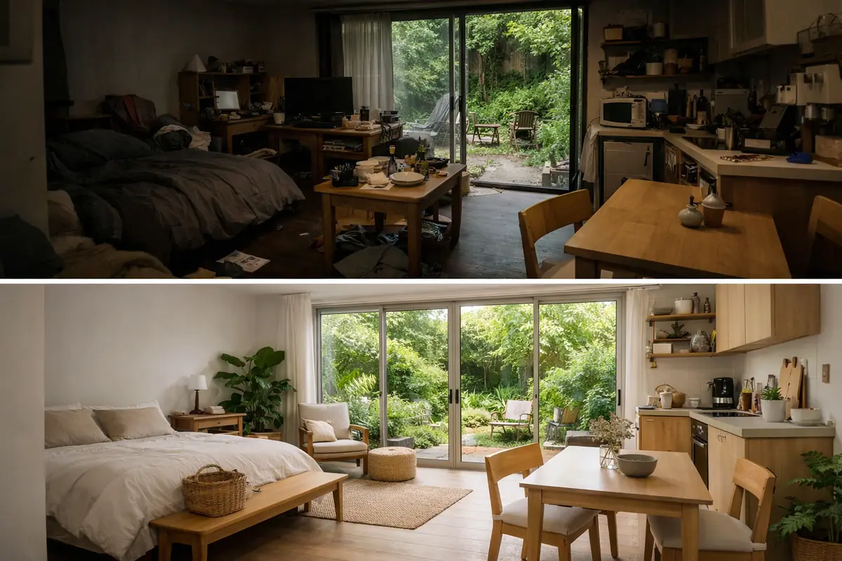 Transformation d'un studio en rez-de-chaussée avec jardin, montrant l'amélioration de la luminosité et l'intégration de l'extérieur.