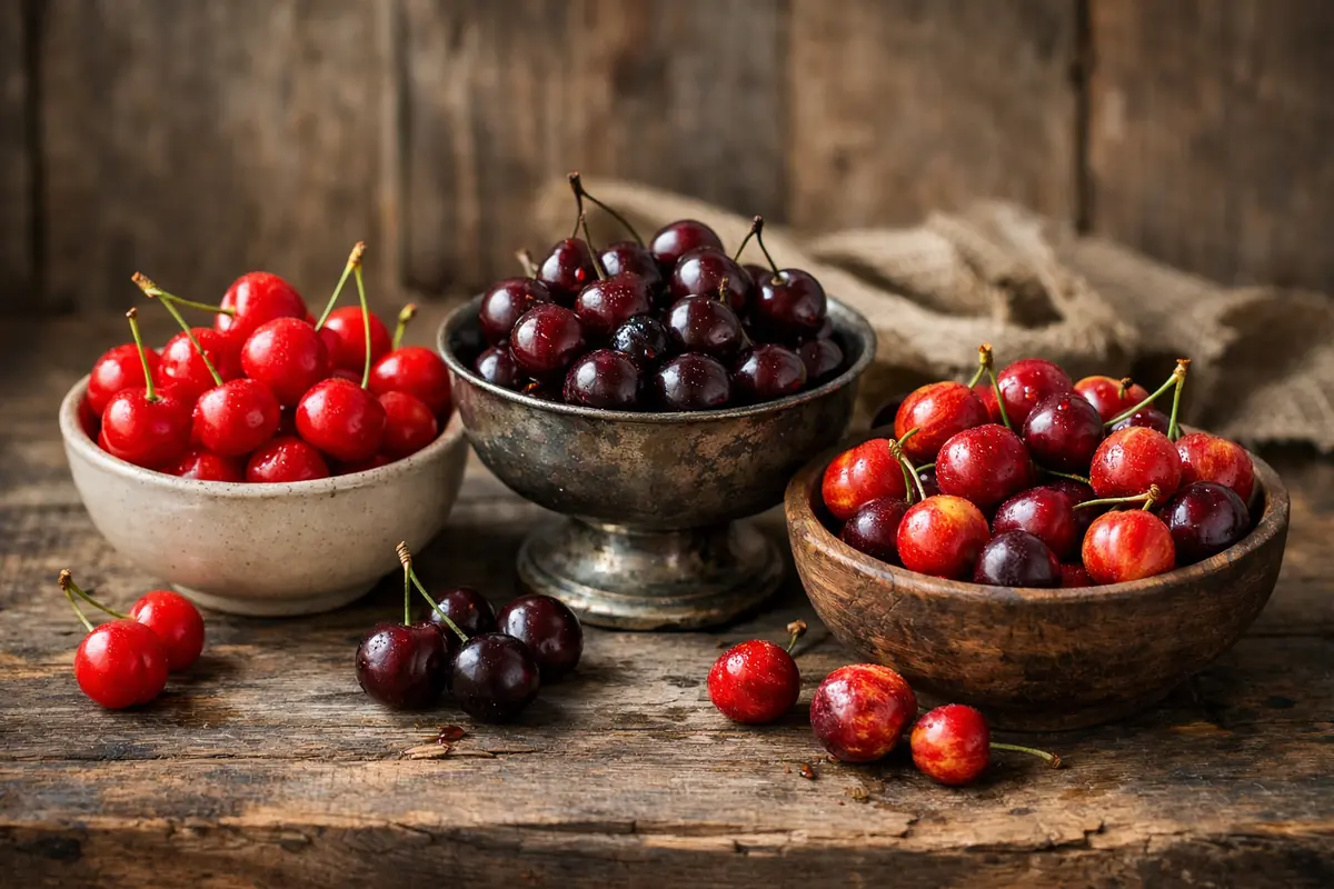 Trois variétés de cerises recommandées pour les amarena maison : Montmorency (rouge vif), griottes (rouge foncé), cerises sauvages (rouge marbré).