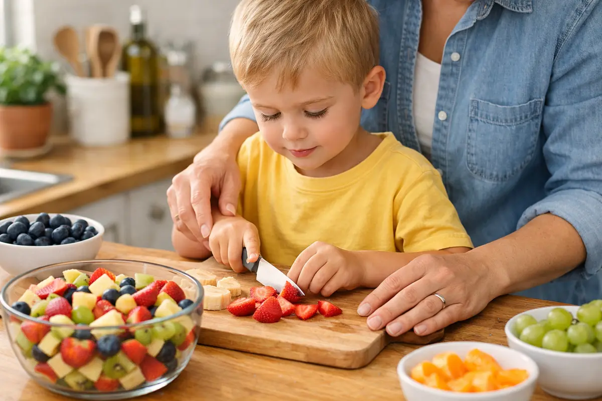 Un enfant prépare une salade de fruits avec un adulte, dans une cuisine lumineuse et colorée.