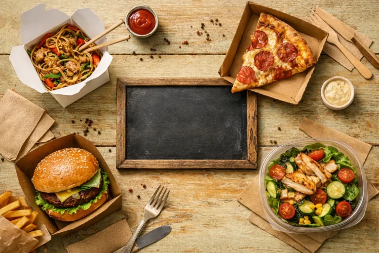 Vente à Emporter — Assortiment alléchant de plats à emporter, ambiance chaleureuse et conviviale.