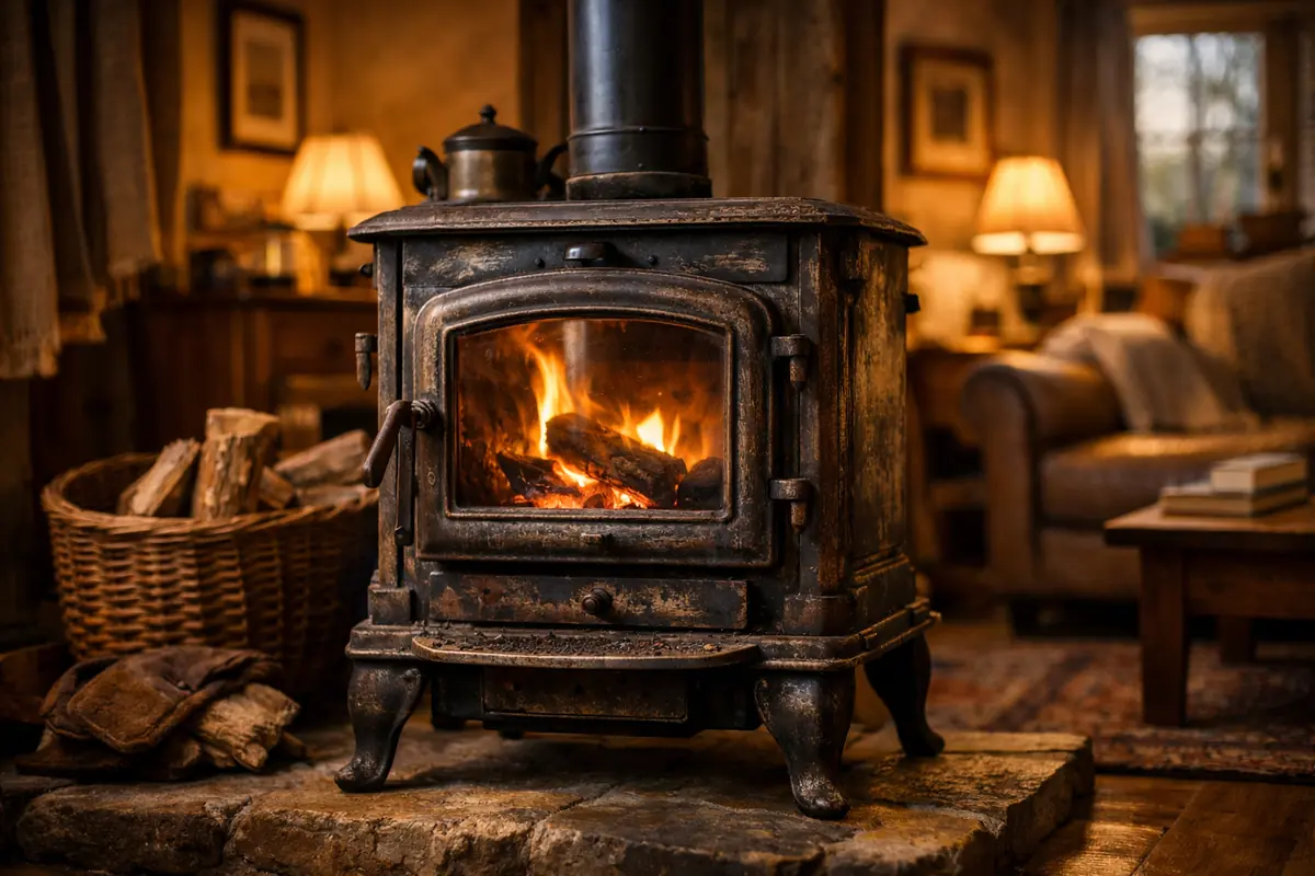 Vue d'un poêle à bois en fonte dans un intérieur chaleureux, illustrant la patine et la robustesse d'un appareil de qualité.