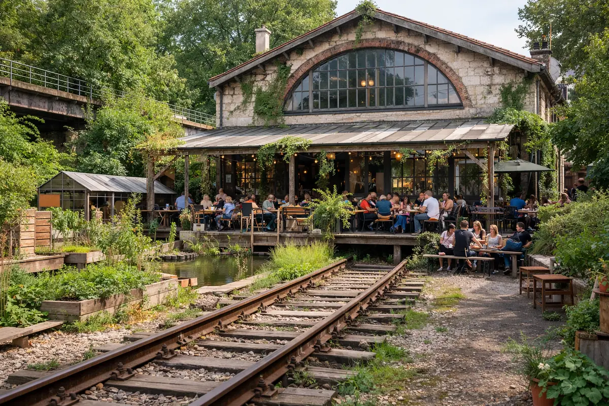 restaurant-insolite-paris-recyclerie-ancienne-gare Vue extérieure de La Recyclerie, un restaurant-café installé dans une ancienne gare de la Petite Ceinture à Paris.