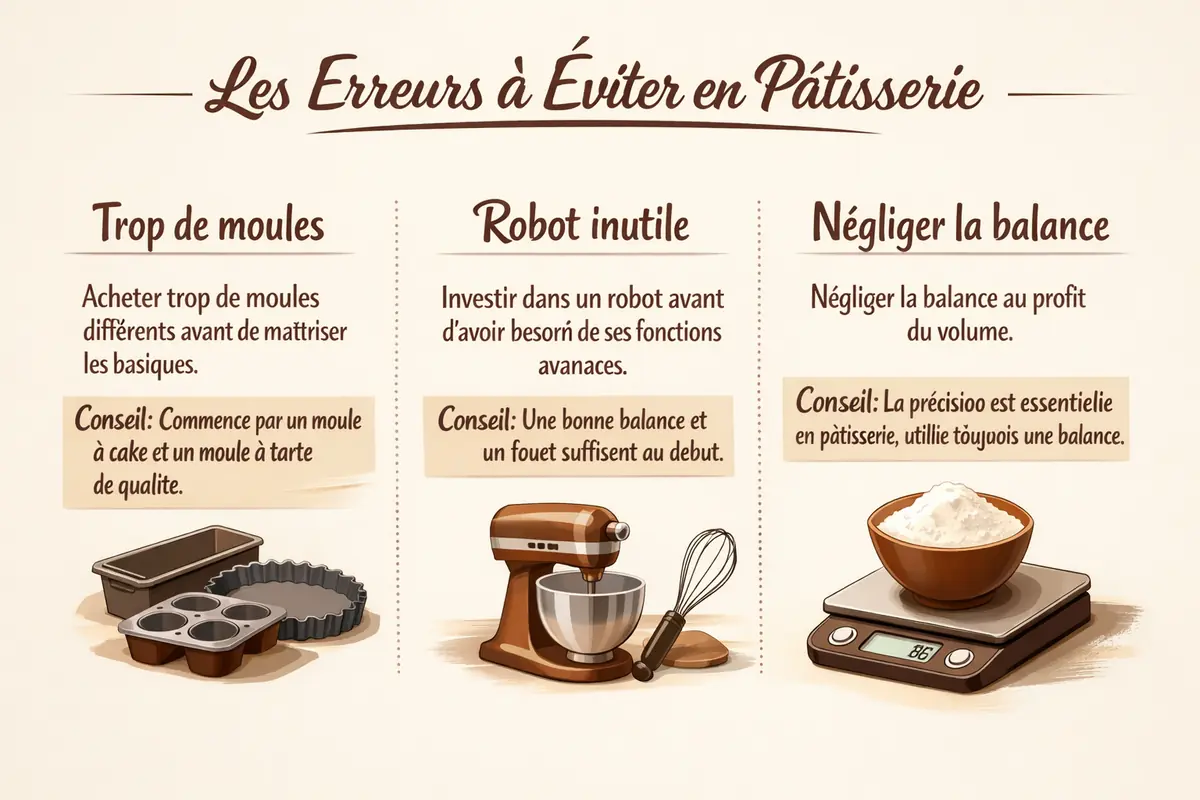 Infographie listant les erreurs fréquentes lors de l'achat de matériel de pâtisserie pour particuliers, avec des conseils pour les éviter.
