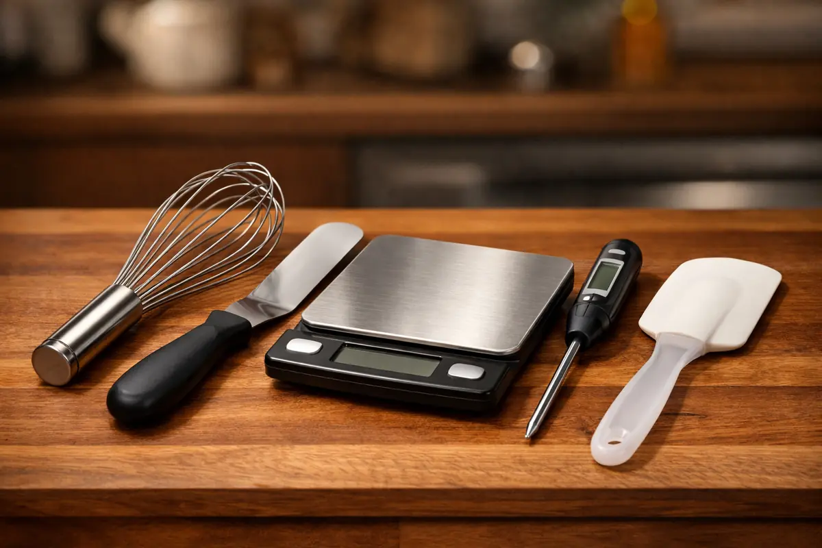 Photo d'un kit d'ustensiles essentiels pour la pâtisserie amateur : fouet à fils serrés, spatule coudée en inox, balance de précision, thermomètre de cuisson, maryse souple.