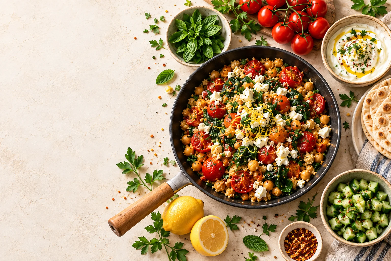 Repas complet aux pois chiches, tomates, feta et herbes fraîches