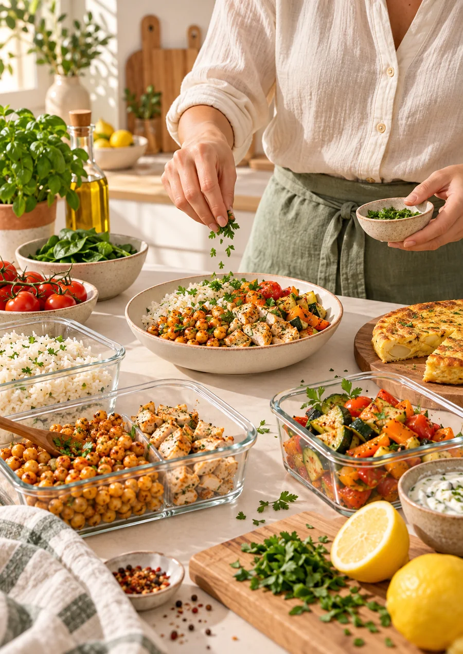 Préparation organisée de plusieurs bases pour les repas de la semaine